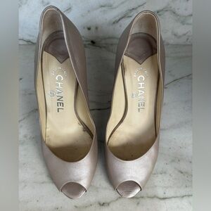 CHANEL Taupe Leather Peep-Toe Pumps